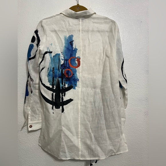 Citron Santa Monica Top Small Womens White Linen Art Asymmetrical Button Tunic - Picture 4 of 14